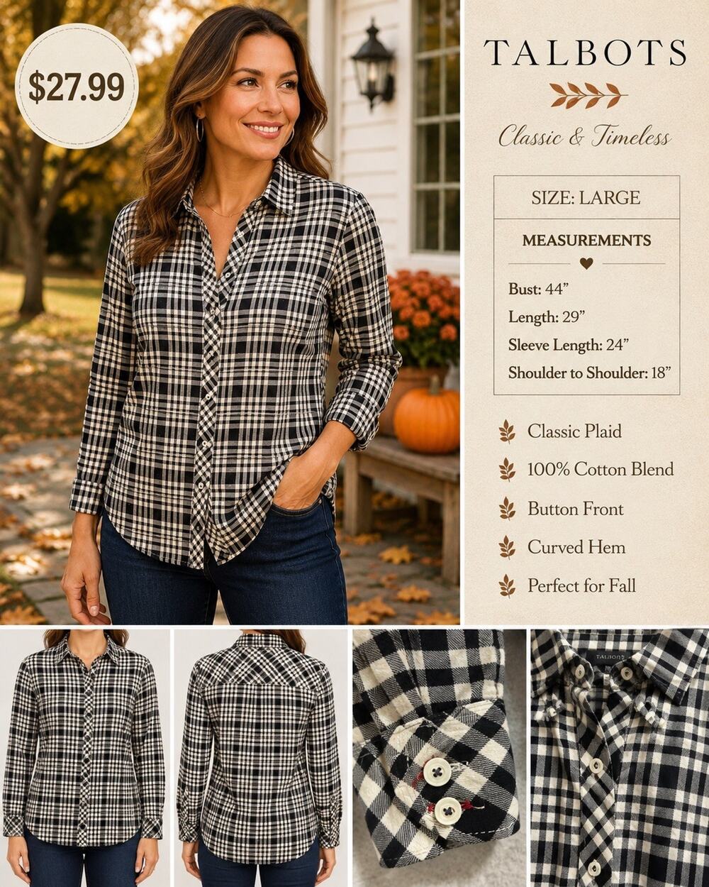 Talbots Women’s L Plaid Button Down Shirt Black White Cotton Long Sleeve Preppy